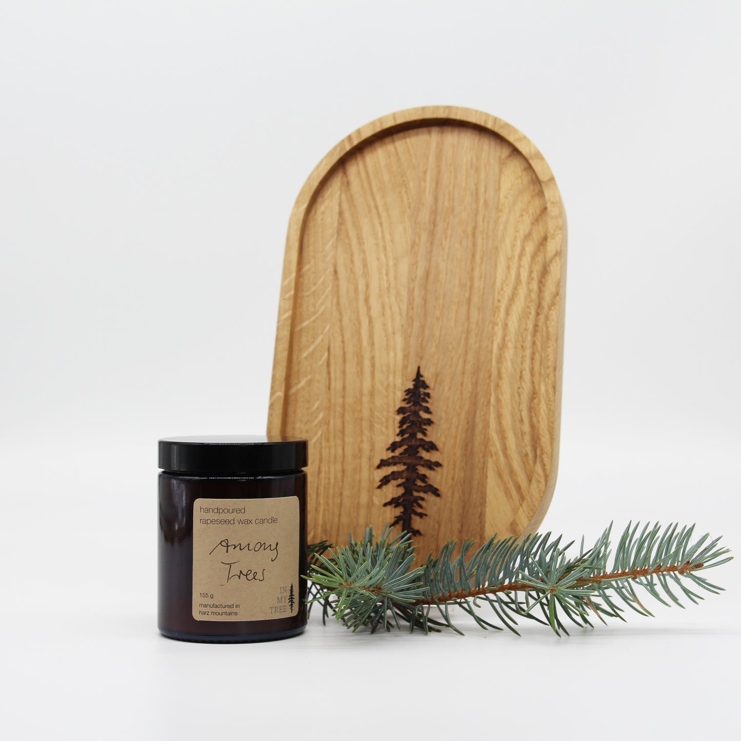 Geschenkset "Wood and Soul" oval 25x14 cm mit Lasergravur und Rapswachskerze 155 oder 450 gr