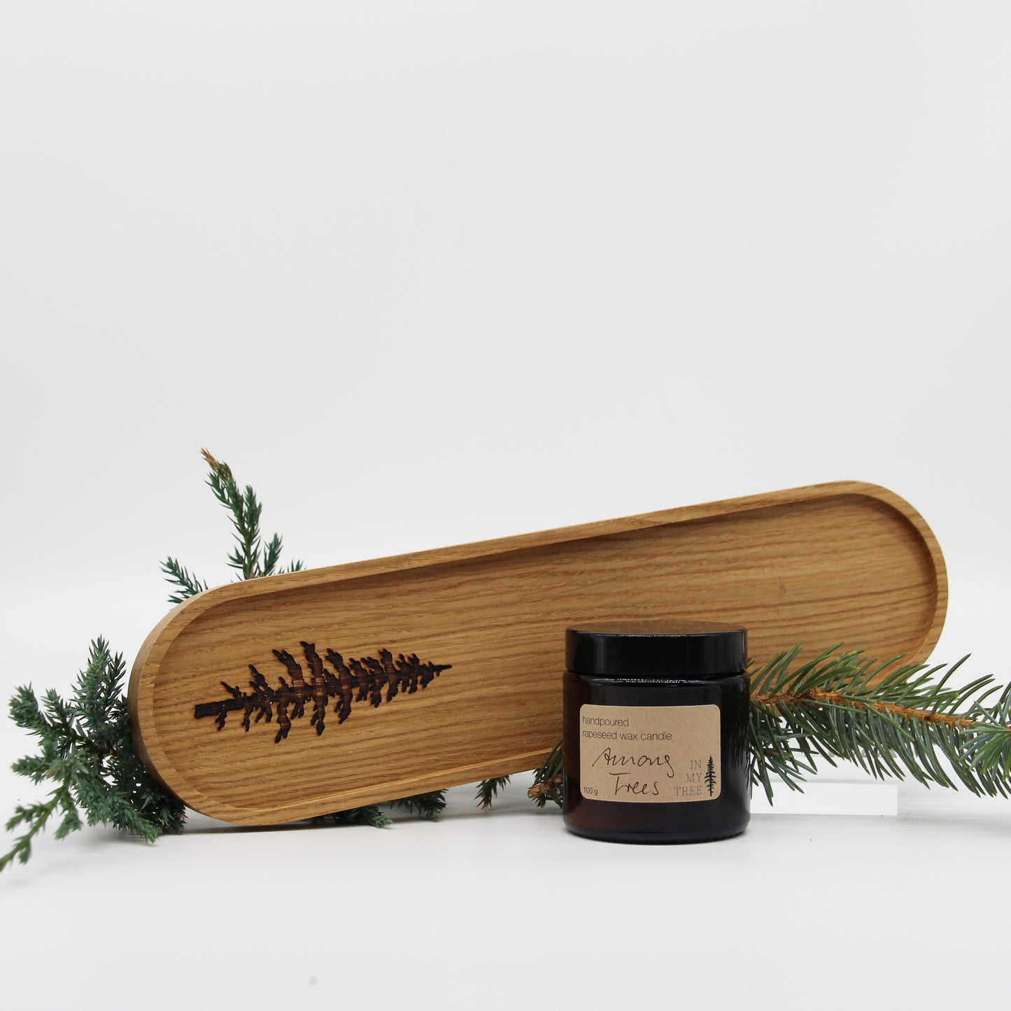 Geschenkset "Wood and Soul" oval 30x8 cm mit Lasergravur und Rapswachskerze 100 gr oder 155 gr