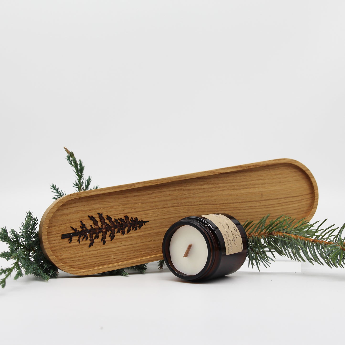 Geschenkset "Wood and Soul" oval 30x8 cm mit Lasergravur und Rapswachskerze 100 gr oder 155 gr