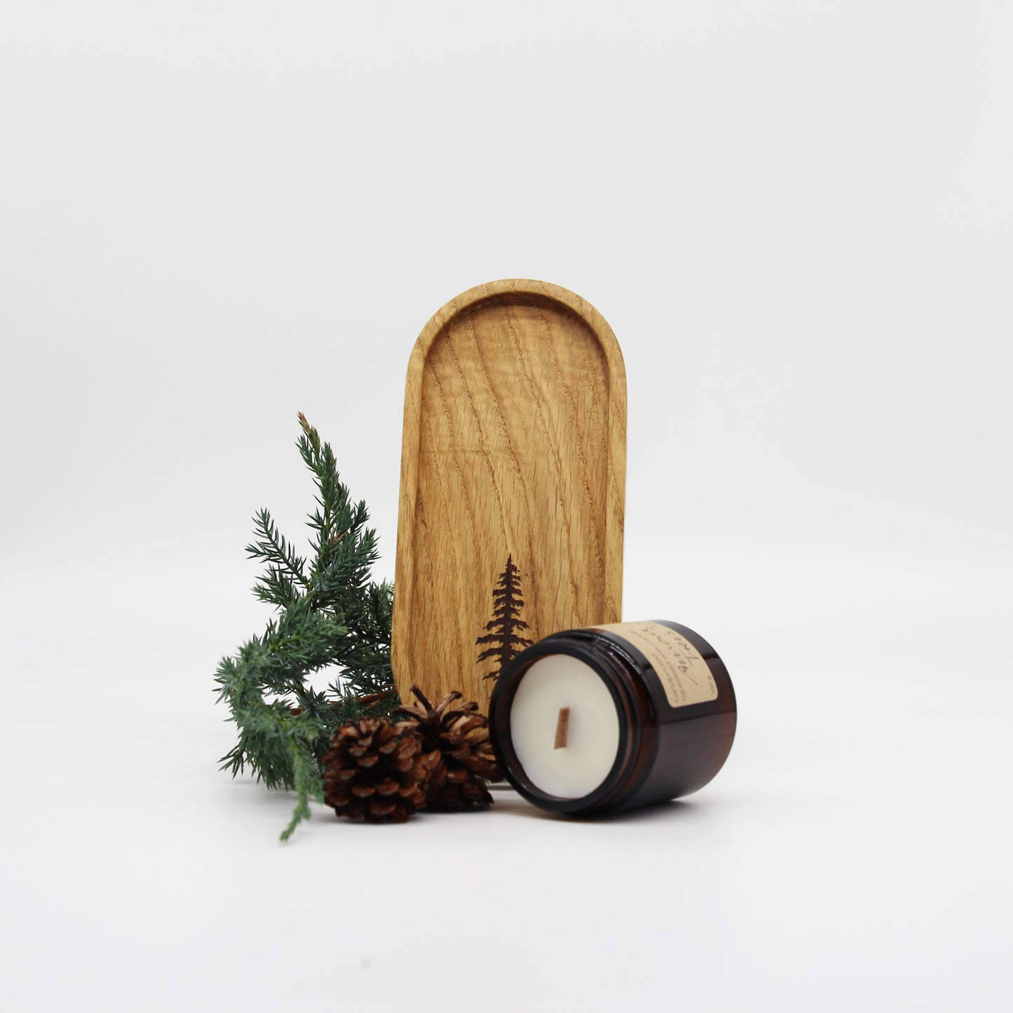 Geschenkset "Wood and Soul" oval 18x8 cm mit Lasergravur und Rapswachskerze 100 gr oder 155 gr