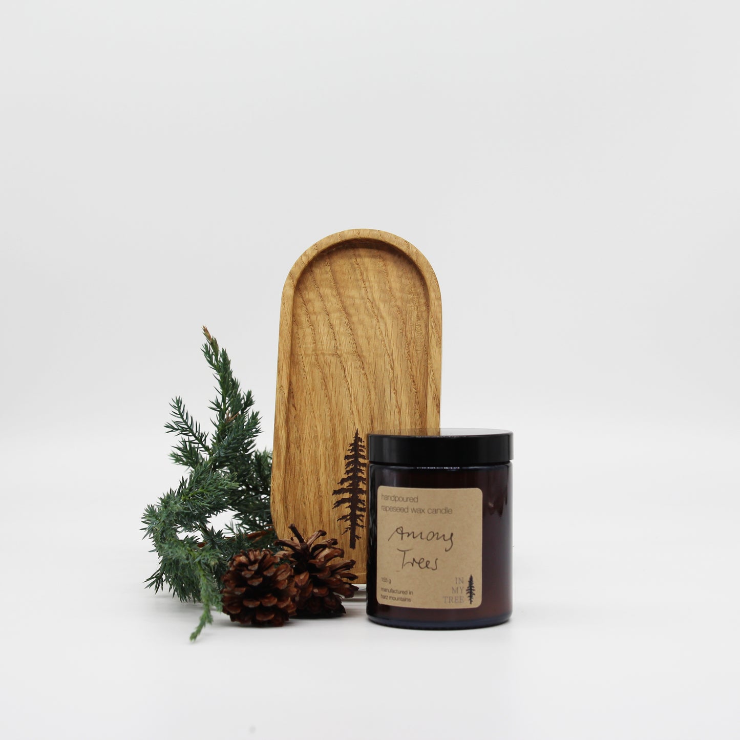 Geschenkset "Wood and Soul" oval 18x8 cm mit Lasergravur und Rapswachskerze 100 gr oder 155 gr